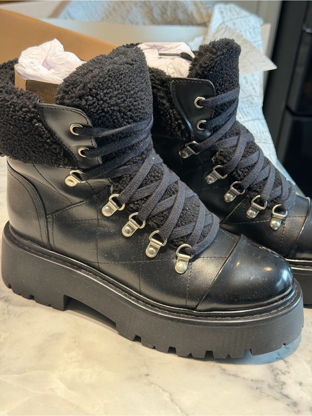 Steve Madden Black Faux-Shearling Lace-Up Platform Hiker Boots